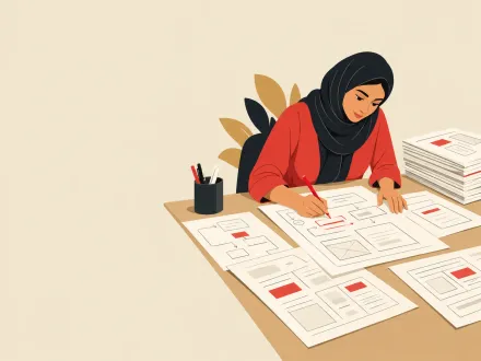 A woman sketching app wireframes at a desk covered in paper layouts