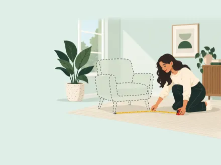 A woman kneels in an empty room corner with a tape measure, a dashed outline of an armchair showing where it will stand.