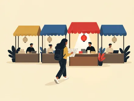 A shopper with a list walking past a row of market stalls, one lit by a red lantern