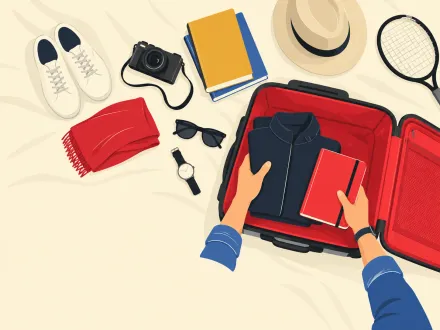 Hands packing a red suitcase, with a camera, books, a hat, trainers and a racket laid out around it