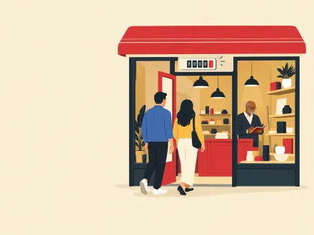 Shoppers walking into a small shop while the shopkeeper notes what they look at