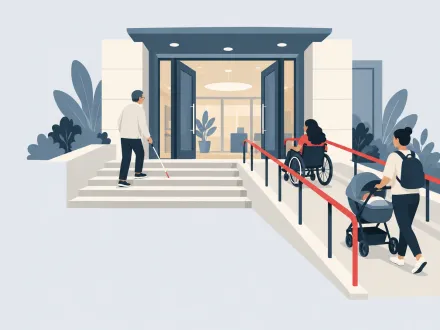 A man with a white cane, a wheelchair user and a parent with a pram all head into the same building by steps and ramp.