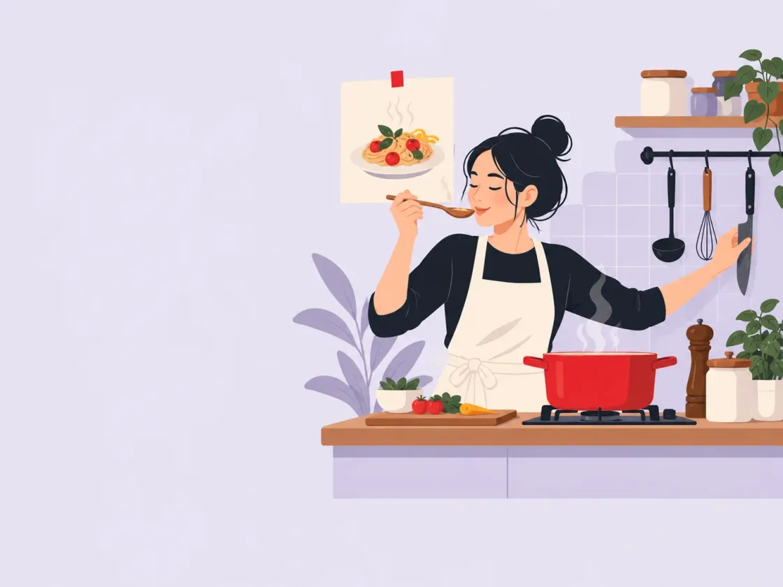 A cook tastes from a spoon while reaching for the next tool, a drawing of the finished dish pinned beside her.