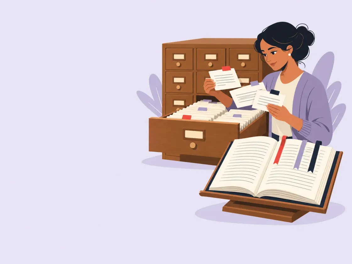 A woman pulls cards from a card catalogue, each pointing to a bookmarked passage in the open book in front of her.