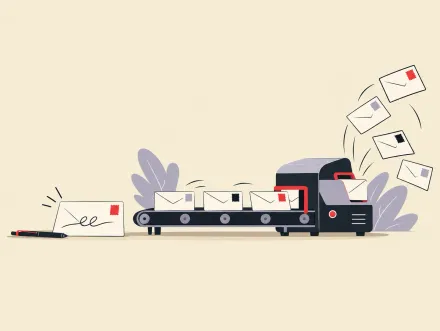 A machine stamps a stream of envelopes in different colours as they roll off a conveyor, beside one hand-addressed envelope.