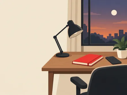 A desk at dusk with the lamp off, a closed notebook and a phone face down