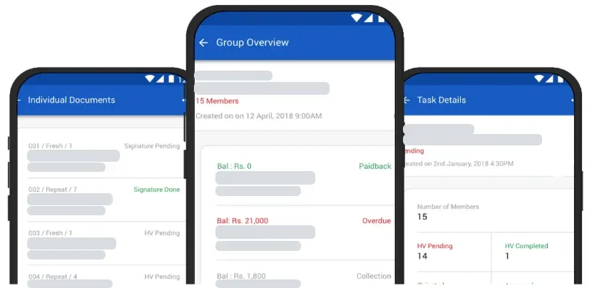 Three screens of the Aadhar India agent app: individual documents, group overview and task details, with names hidden