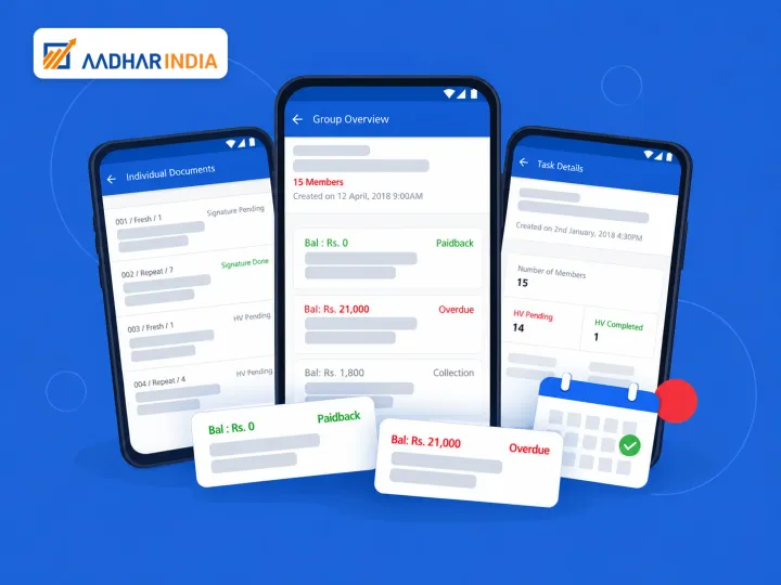 Three screens of the Aadhar India field app