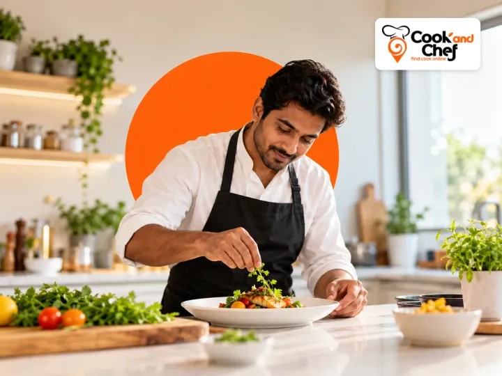 A cook plating a dish in a home kitchen, with the Cook and Chef logo