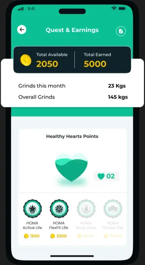A screen of the Homa app showing totals and grind amounts