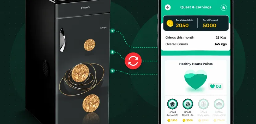 Homa's atta chakki beside a screen of its app, joined by dotted lines