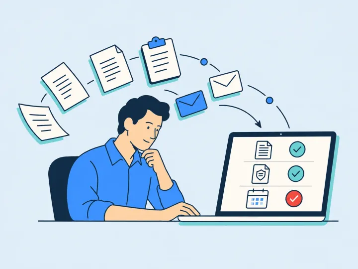 A drawn illustration of a person at a laptop with documents flowing in and checks ticking off