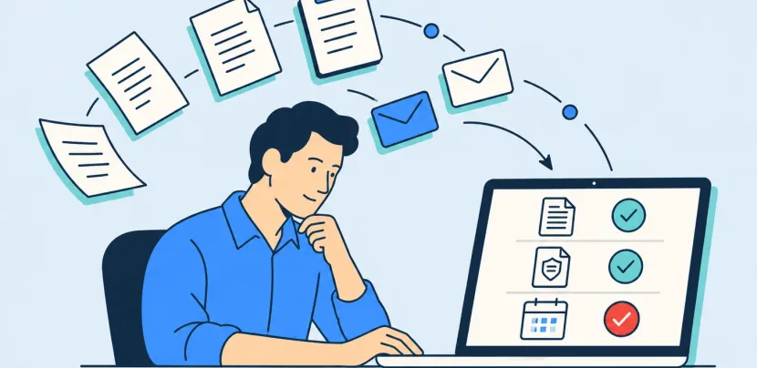 An illustration of documents and a laptop showing a checklist of approved items
