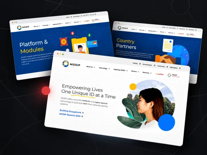 Three pages of the MOSIP website