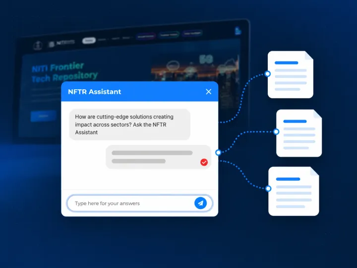 The NFTR Assistant chat panel open on the NITI Frontier Tech Repository home page