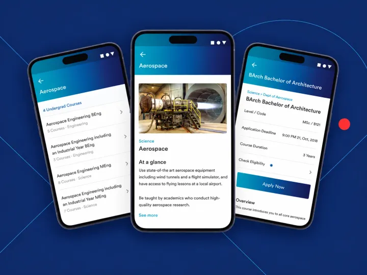 Three screens of the Proodle app: a course list, a department page and a course page