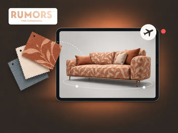 A sofa shown on an iPad beside fabric swatches, with the Rumors logo