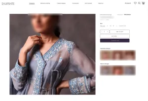 A Saurrate product page with size options, a Customise now button and rows of neckline and sleeve designs
