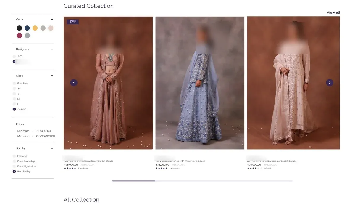 Saurrate's designer page: filters for colour, designer, size, price and sort, beside a row of garments