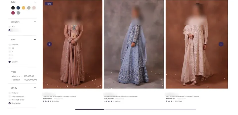 Saurrate's designer page: filters for colour, designer, size, price and sort, beside a row of garments