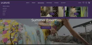 Saurrate's navigation with the women’s clothing menu open above a summer collection banner