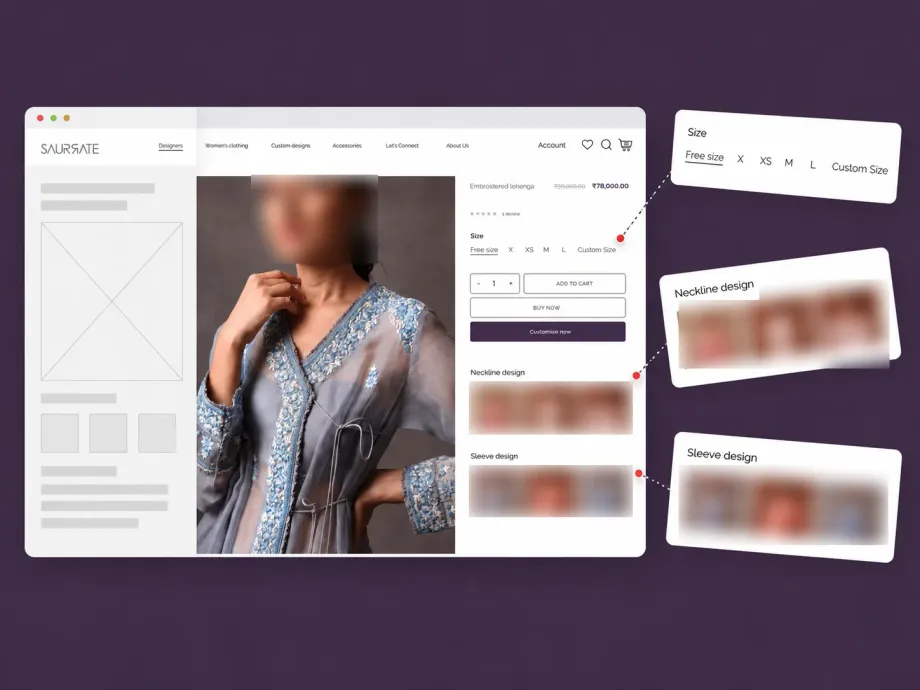 Saurrate product page with the size, neckline and sleeve options called out