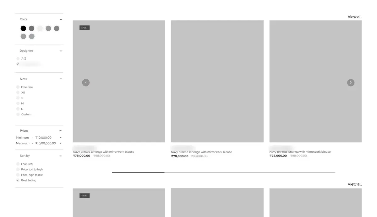 A grey wireframe of a designer page: filters on the left and rows of empty product boxes with names and prices
