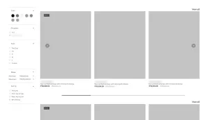A grey wireframe of a designer page: filters on the left and rows of empty product boxes with names and prices