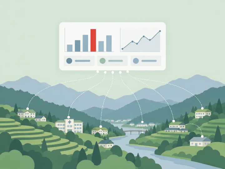 A bar and line chart panel above hillside terraces linked to small buildings