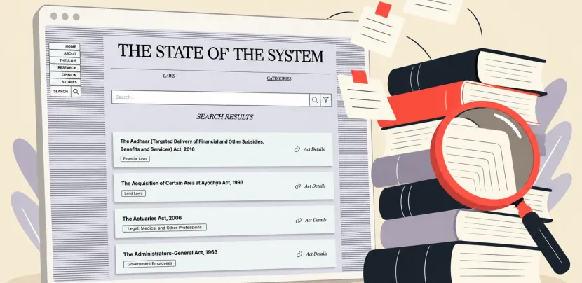 The Crime and Punishment laws page, with search and a list of central laws, beside a stack of law books and a magnifying glass