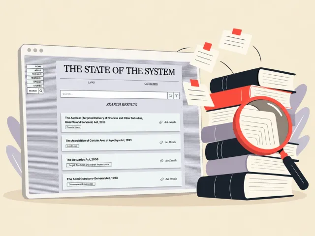 A Vidhi research page, The State of the System, beside a stack of books and a magnifying glass