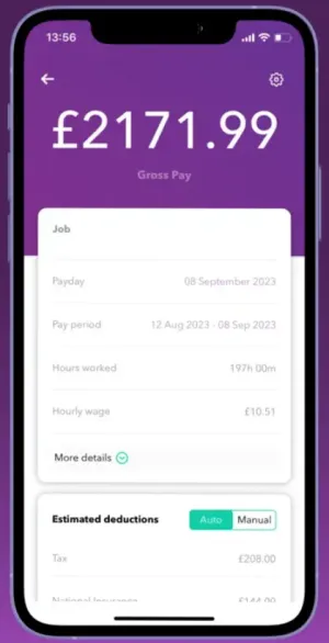 The WAC payslip screen: gross pay, pay period, hours worked, hourly wage and a deductions panel set to Auto