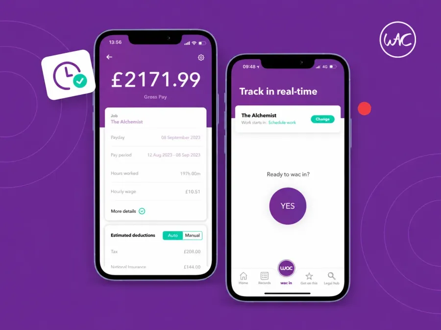Two phones showing the WAC app: pay for a shift, and a Track in real-time screen