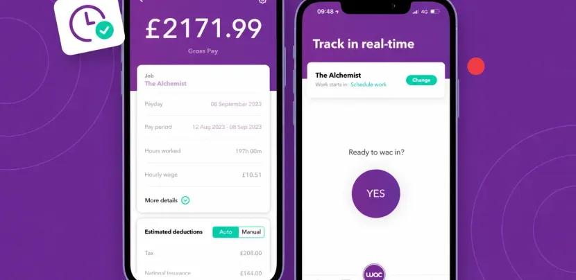 Two screens of the WAC app: a payslip estimate with gross pay and deductions, and the real-time tracking screen with a YES button