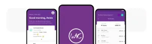 Three WAC screens: a live payslip estimate on the home screen, the purple launch screen and a week of shifts with hours and earnings