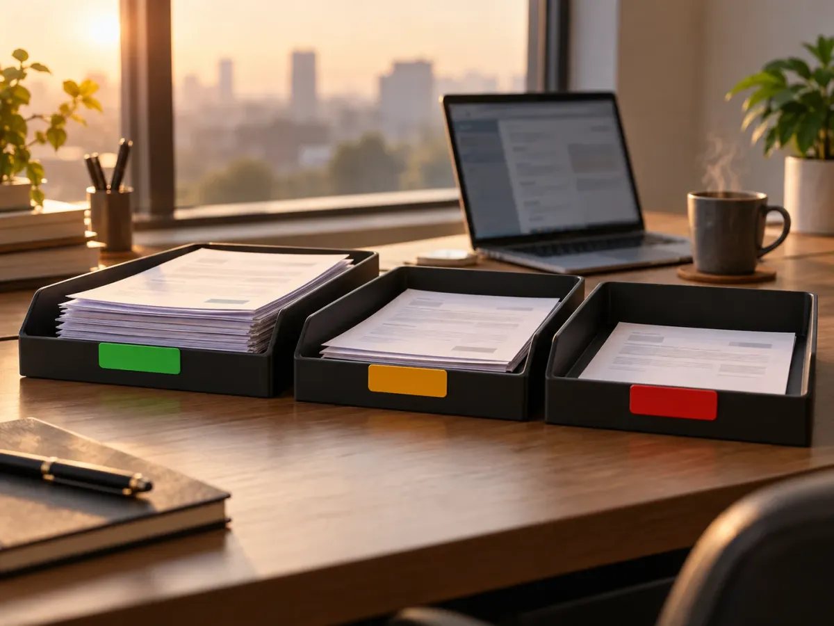Three desk trays with green, amber and red tabs, holding sorted business documents
