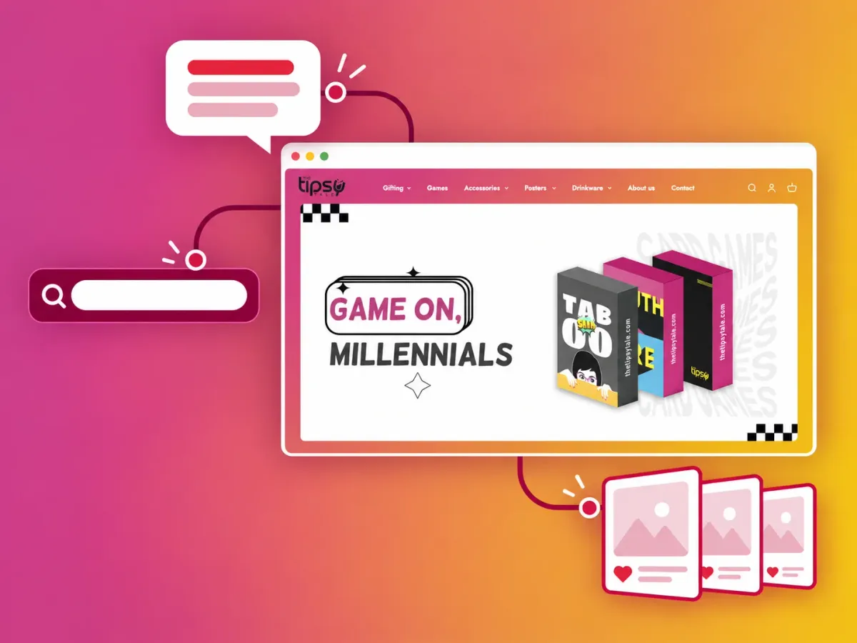 The Tipsy Tale home page with shapes for search, AI answers and social posts around it