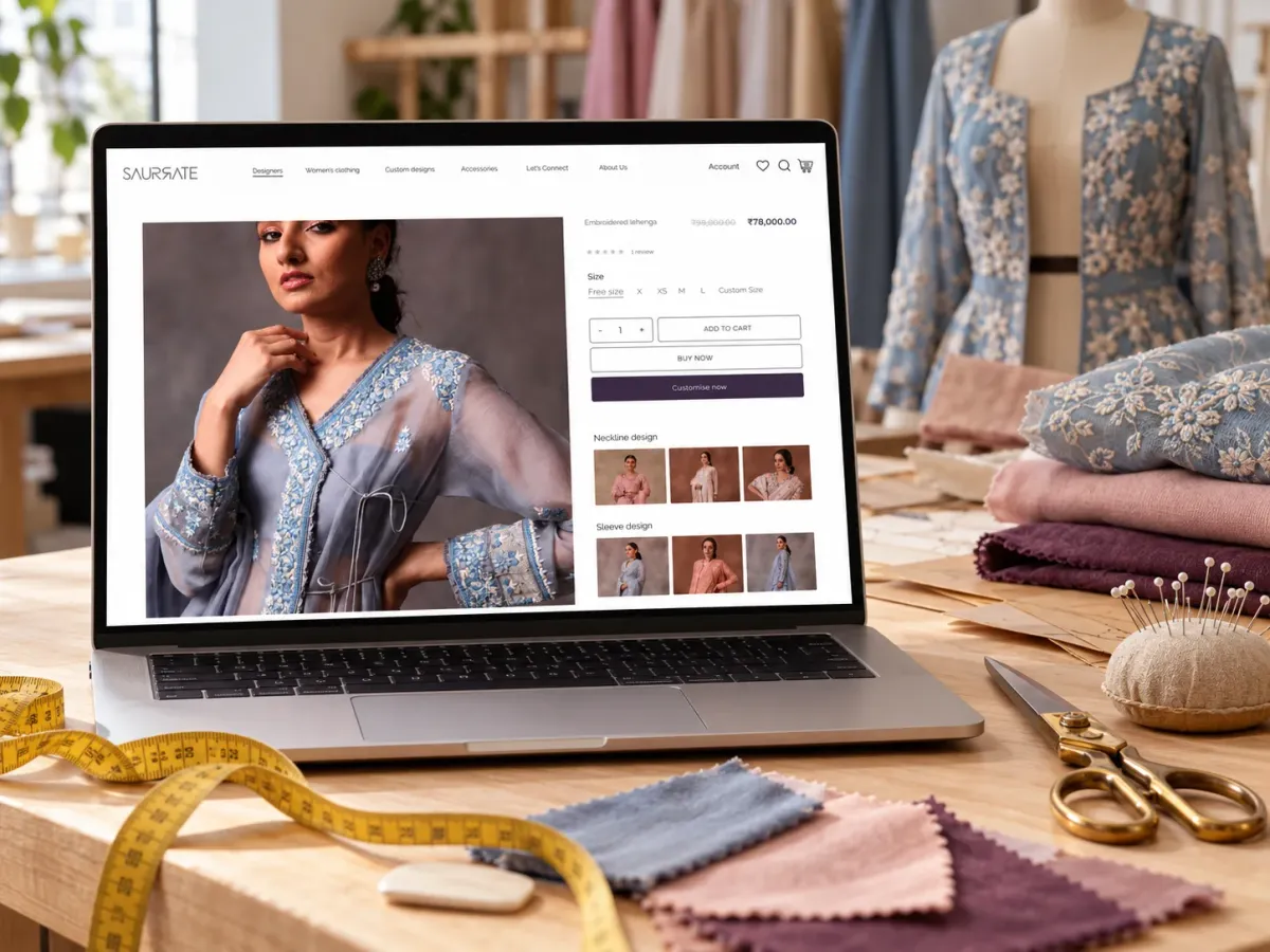 Saurrate's product page, with size, neckline and sleeve options, on a laptop in a tailoring studio
