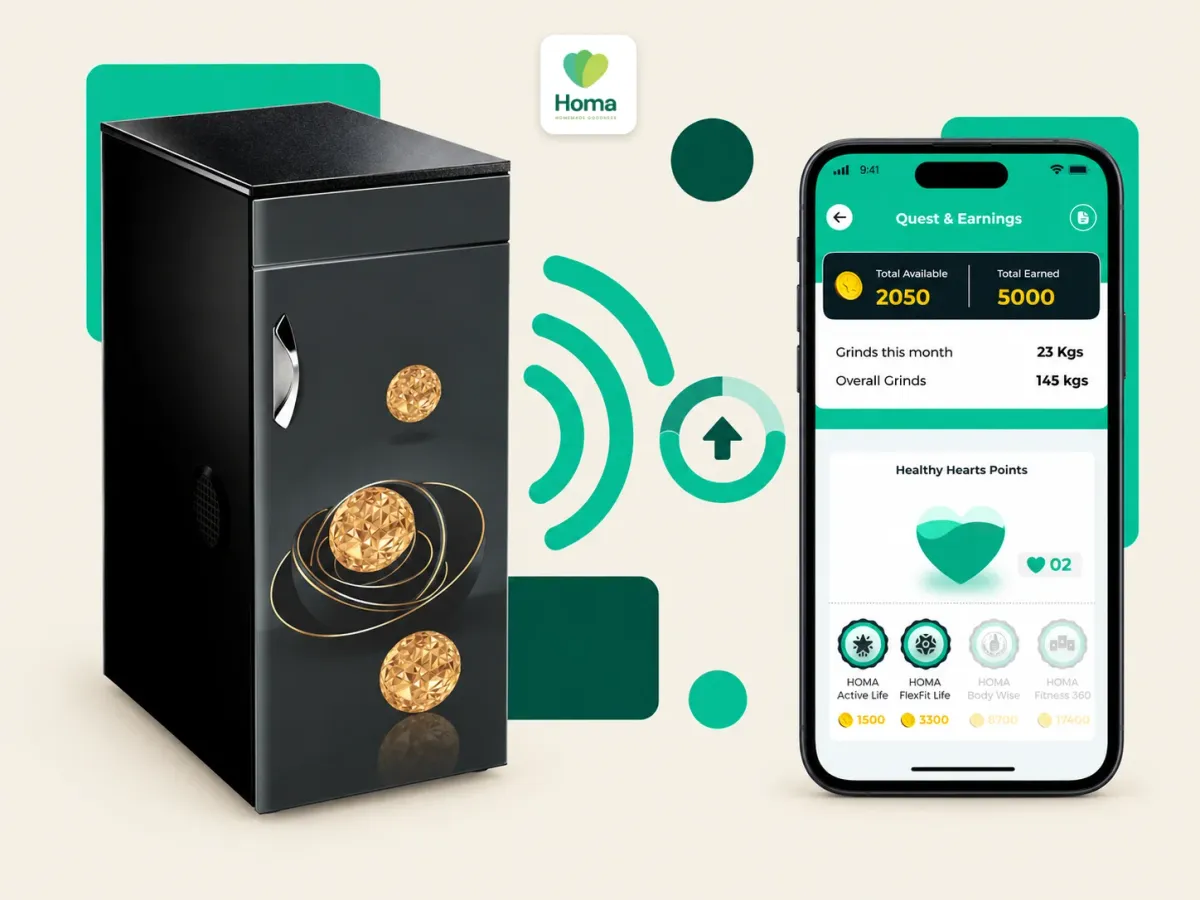 Homa's atta chakki beside its app's Quest & Earnings screen