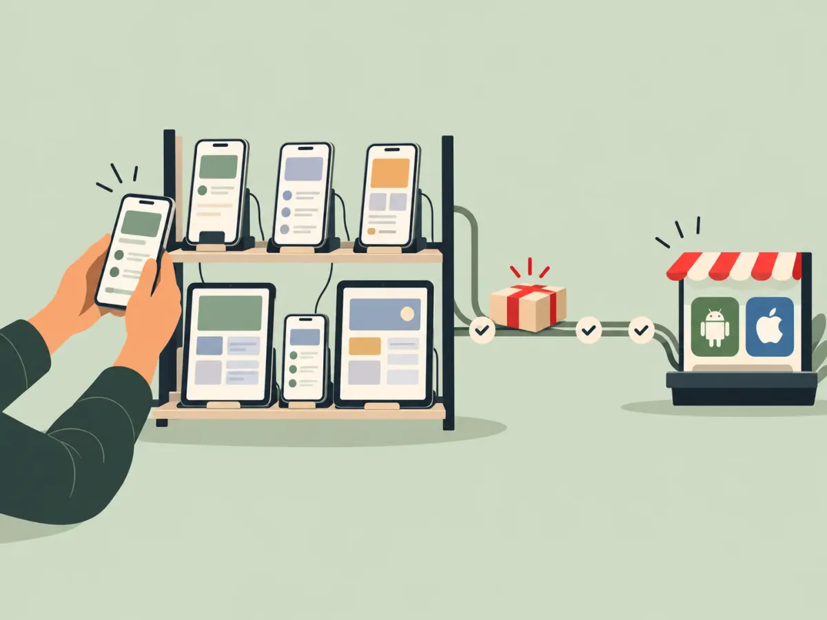 Illustration: phones and tablets on a test rack, with a release parcel passing checkpoints on its way to the app stores