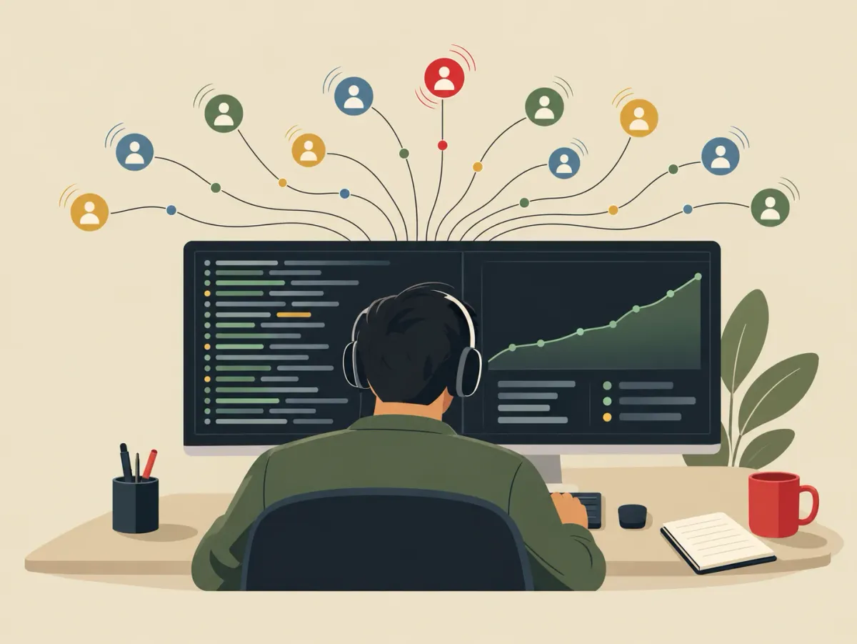 Illustration: a developer, seen from behind, watching live logs and a steady graph while many users connect