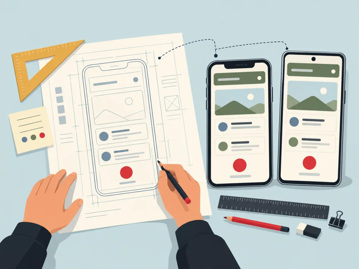 Illustration: one blueprint of a phone screen becoming the same screen on two different phones