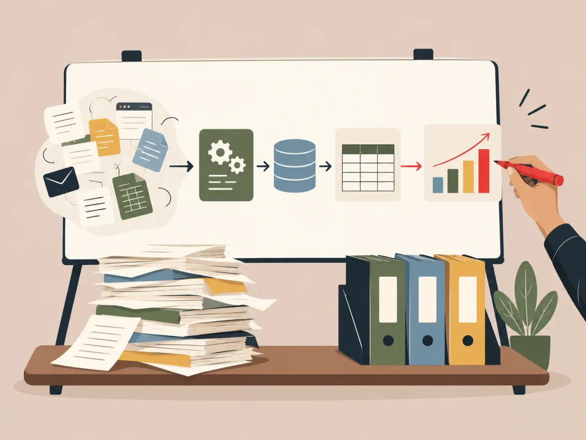 Illustration: a whiteboard pipeline turning loose documents into a clean table and a chart, above a messy pile and sorted folders