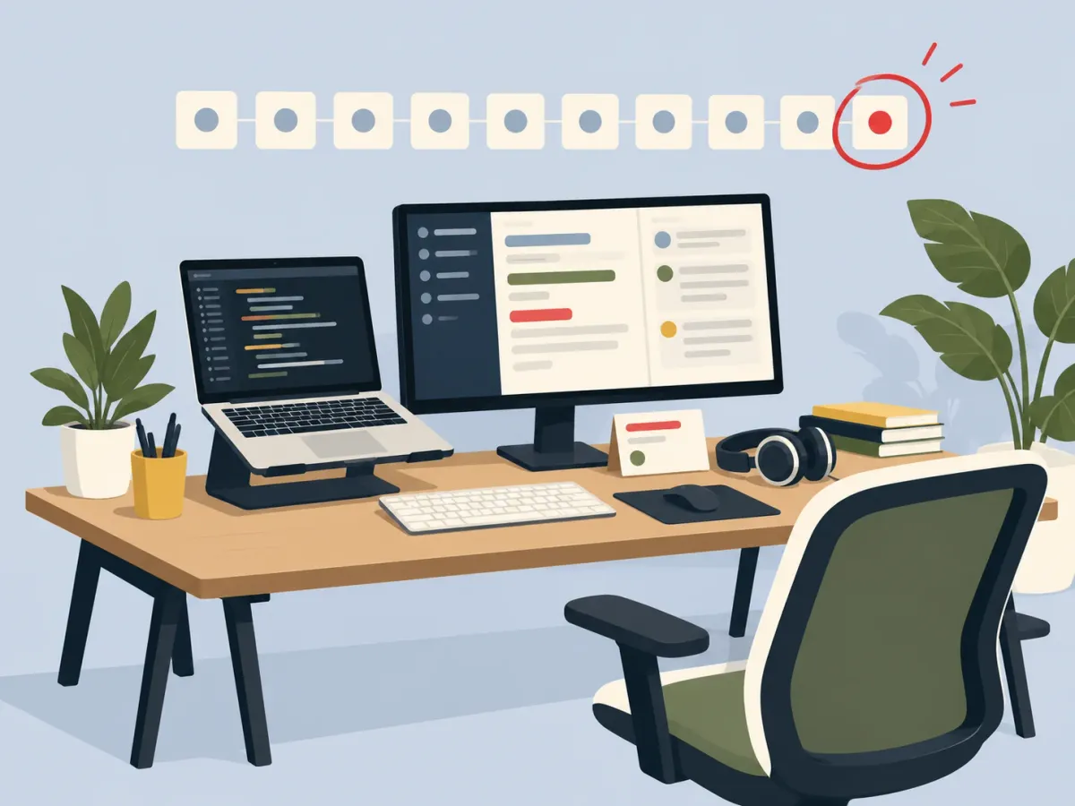 Illustration: a desk set up for a new developer, with a ten-day calendar strip and the last day circled