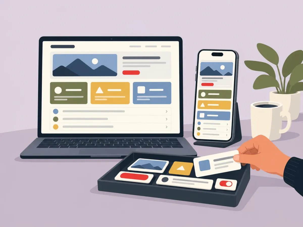Illustration: a laptop and a phone showing the same interface, built from one tray of shared pieces