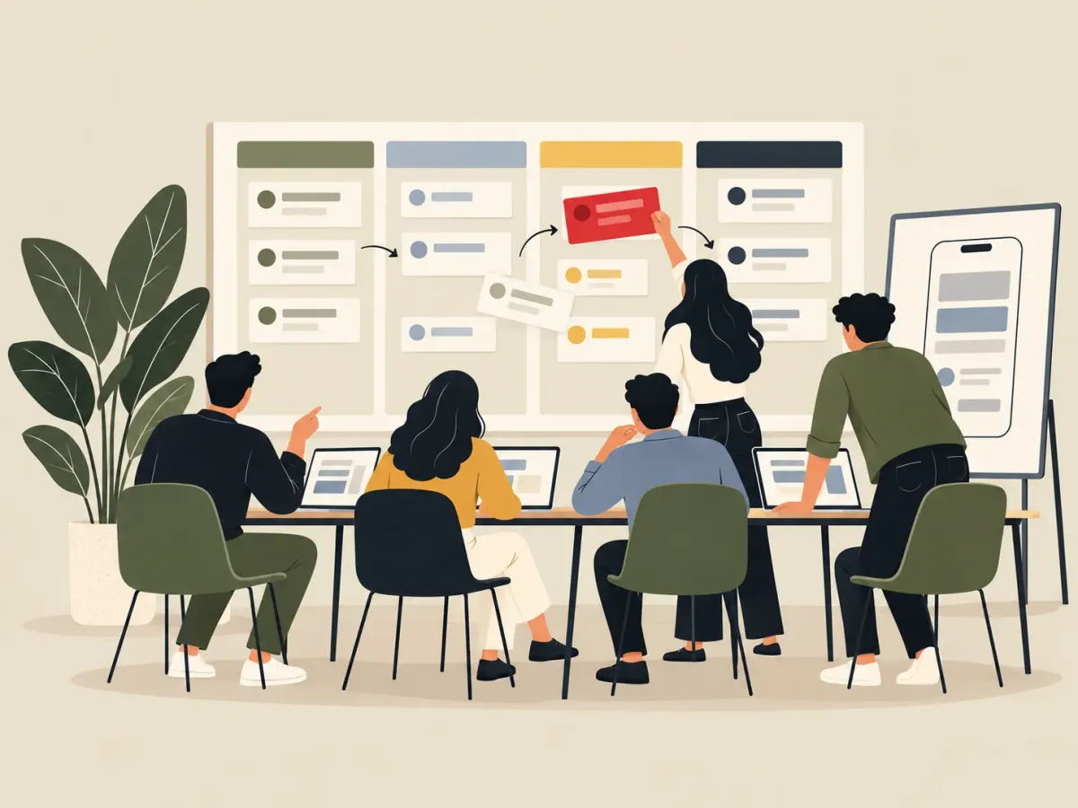 Illustration: a team, seen from behind, at a shared desk in front of a task board as one member moves a card