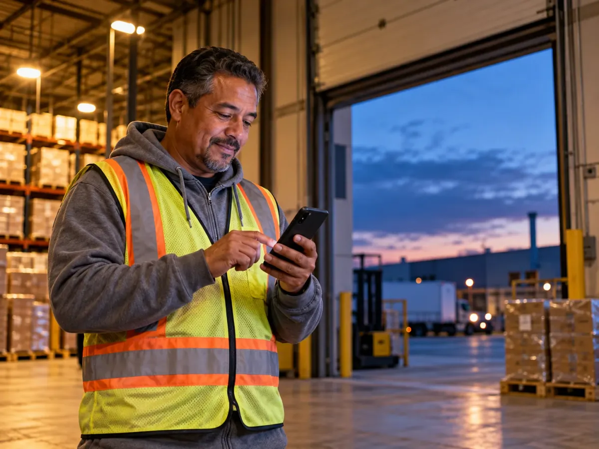 A warehouse shift lead checking his hours on a phone at the end of a shift