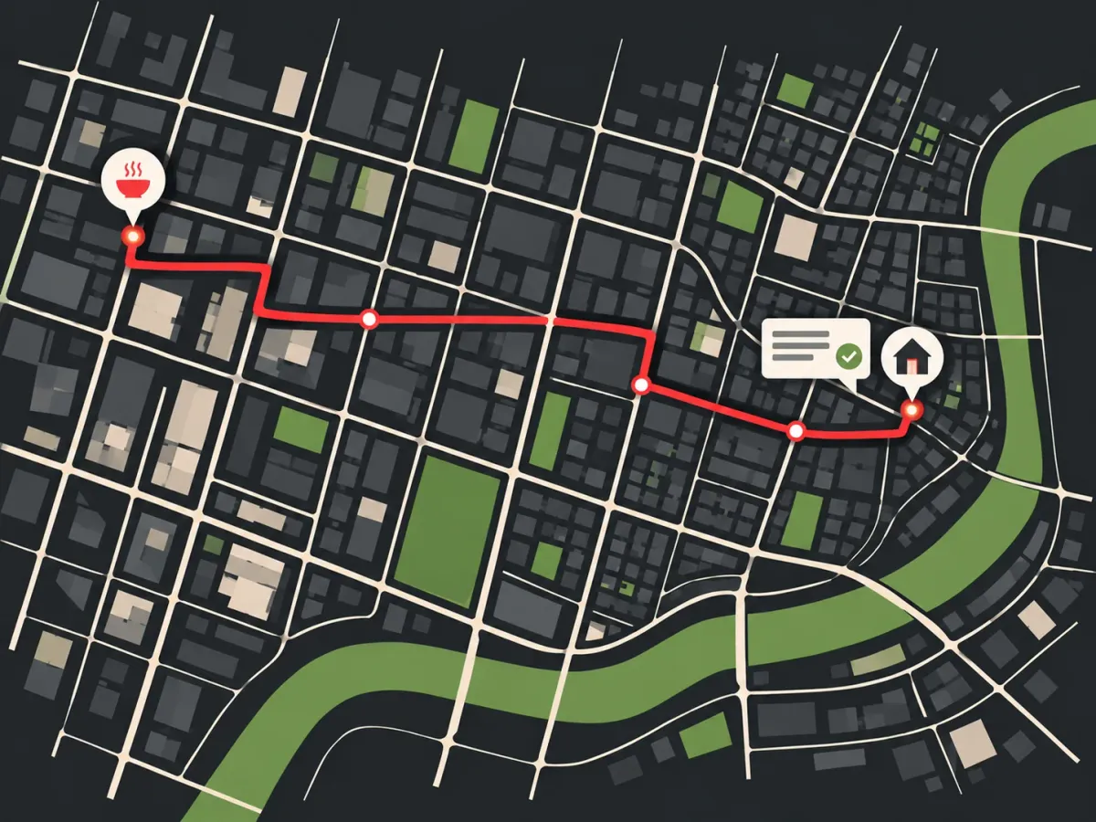 Illustration: a city map with one delivery route from a restaurant to a home