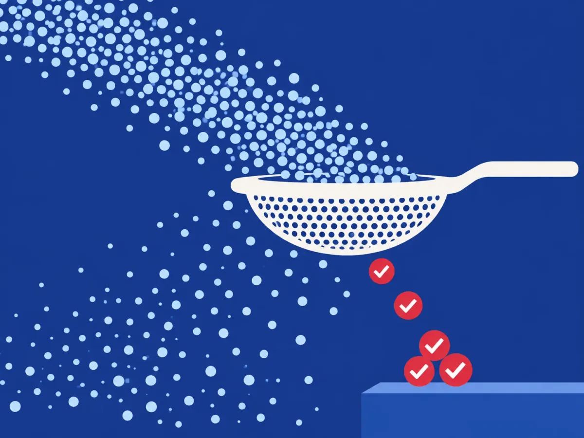 Illustration: many small dots poured through a sieve, with a few red ticked tokens coming out