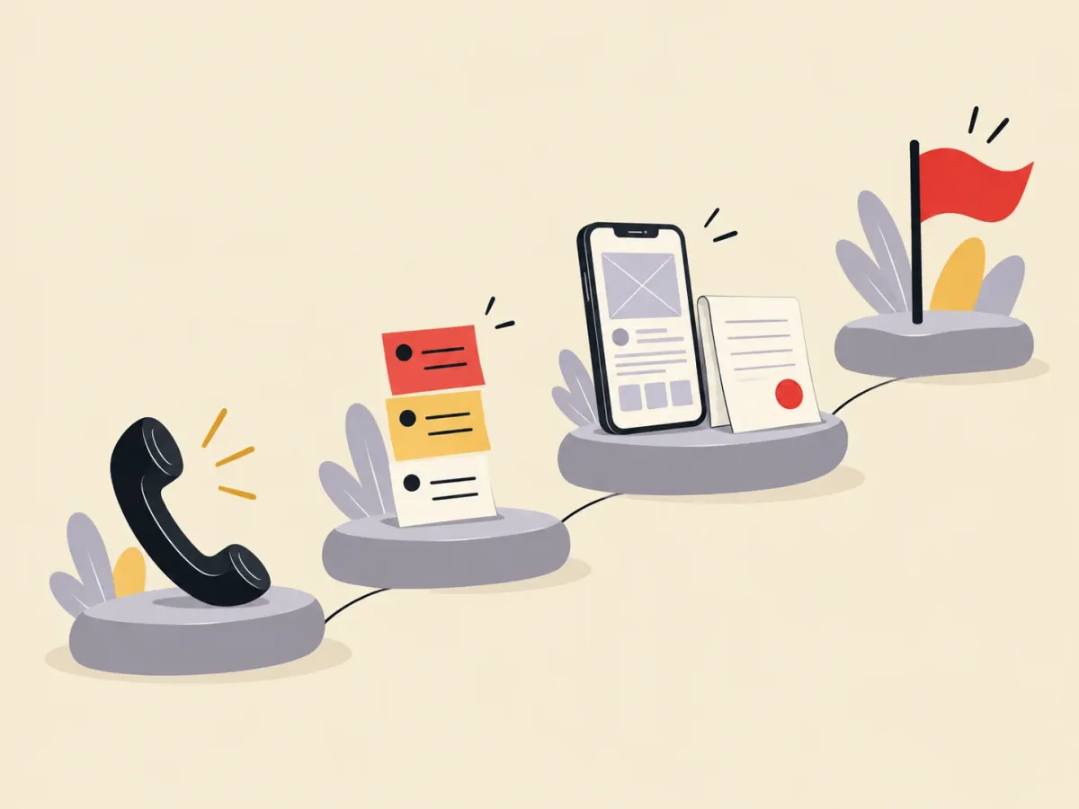 Illustration: four stepping stones from a phone call to a launch flag